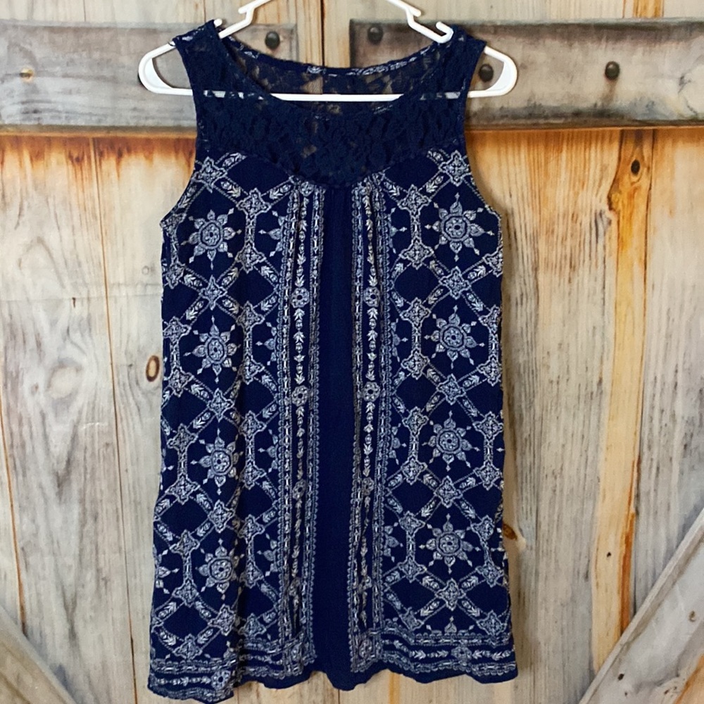 Women's Navy Lace Yoke Tunic Top - Navy Pattern